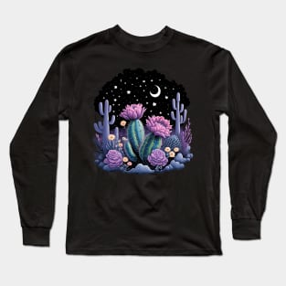 Cactus with Beautiful Flowers Starry Night Moon and Stars Long Sleeve T-Shirt